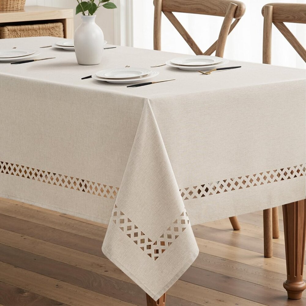 Stylish Waterproof Tablecloth with Geometric Cutouts - 52x70” Beige Linen Look